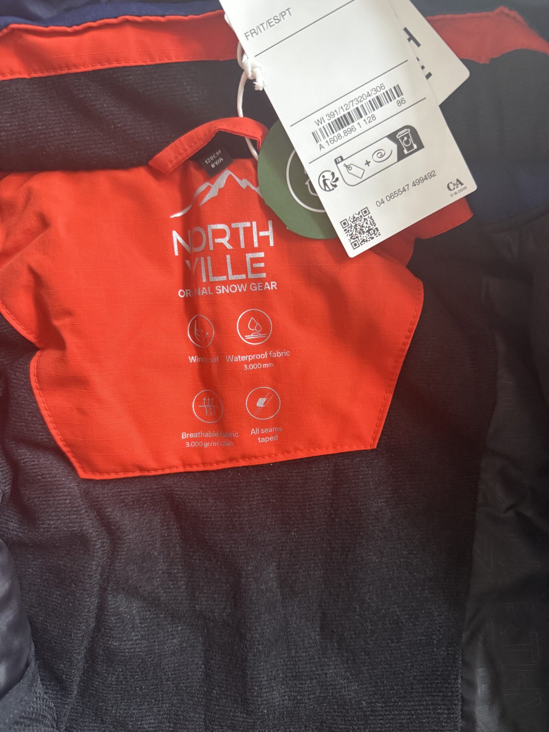 Kurtka narciarska w bloki kolorów z kapturem- nieprzemakalna C&A rozm. 128 - obrazek 3